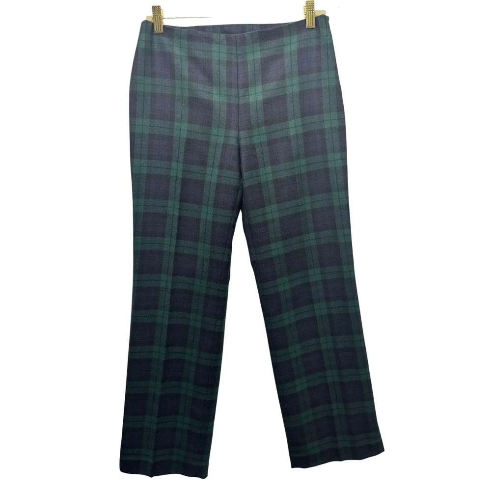 J Crew Italian Wool Plaid Pants‎ Womens Size 2 Green Navy High Rise Career